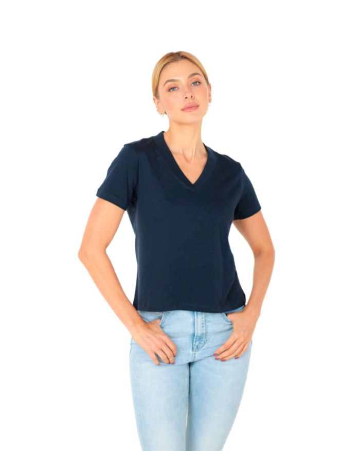 Camiseta Pima V iuseu feminina azul marinho-PP