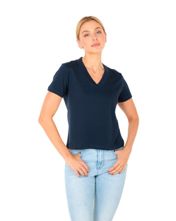 Camiseta Pima V iuseu feminina azul marinho
